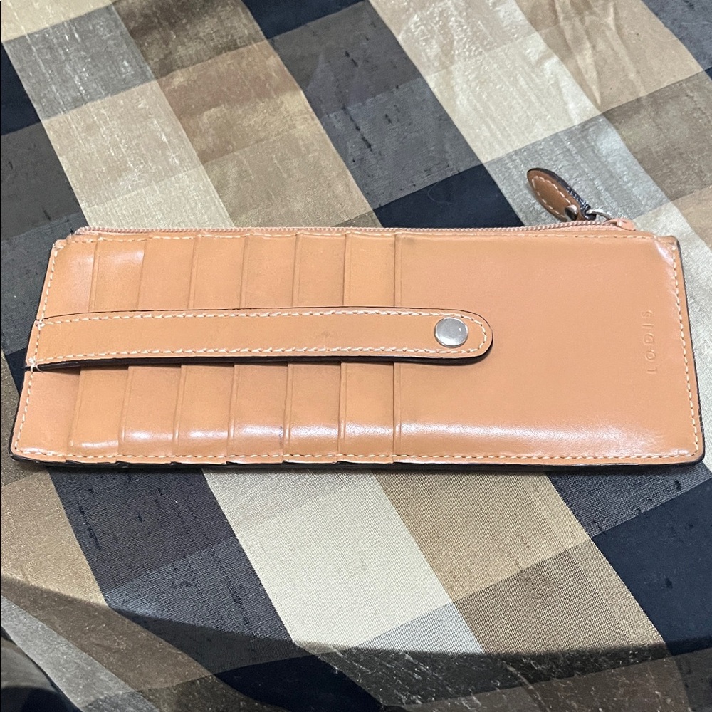 Lodis Peachy Tan Leather Zip Wallet with Snap Strap